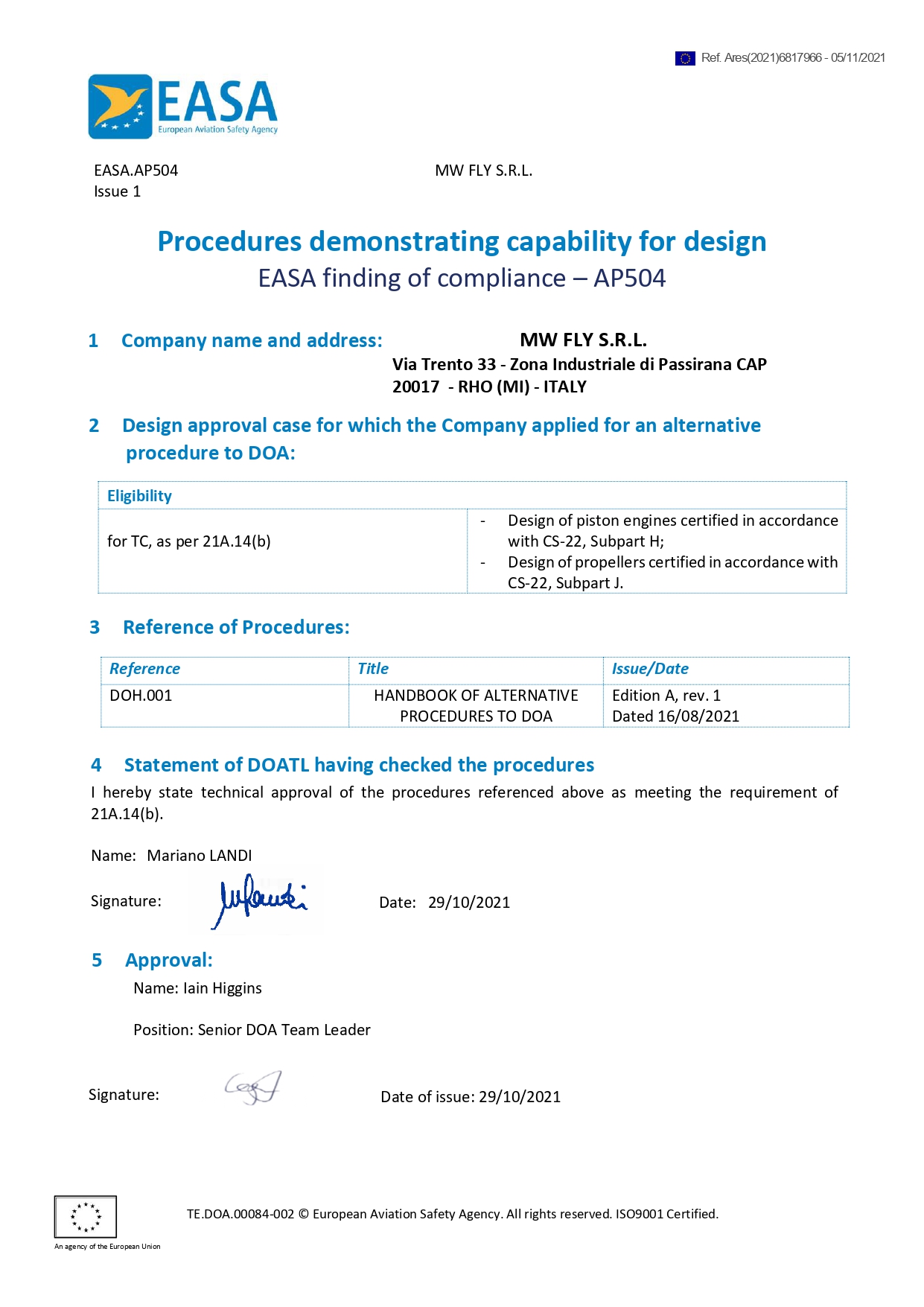 MWfly received D.O. EASA certification in October